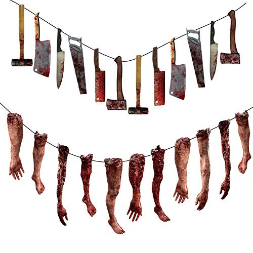 LNX Banner Blood Weapon Garland Banner Props Fake Scary Severed Hand Broken Body Parts for Haunted House Vampire Zombie Party Decorations Supplies LNX Banner Blood Weapon Garland Banner Props Fake Scary Severed Hand Broken Body Parts for Haunted House Vampire Zombie Party Decorations Supplies