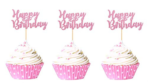 Keaziu 48pcs Pink Happy Birthday Cupcake Toppers Birthday Cupcake Picks Birthday Anniversary Party Decorations Supplies