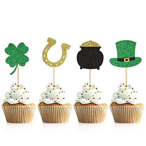 Donoter 36 Pieces Glitter Shamrock Cupcake Toppers Four Leaf Clover Cake Picks for St Patricks Day Party Decorations