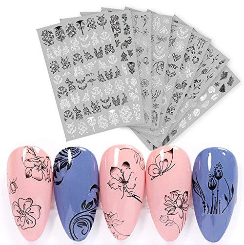 8 Sheets Black White Retro Leaves Flowers Nail Stickers Self-Adhesive Decals Vintage vine Rose Flower Butterflies Pattern Design Nail Supplies Fashion Simple DIY Nail Decoration Tools