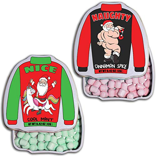 Nice and Naughty Santa Candy in Tins - Ugly Christmas Sweater Shape Container - Cinnamon and Mint Flavors - Great for Dirty Gag Gifts Edible Stocking Stuffers Adult White Elephant Gift Teen Present