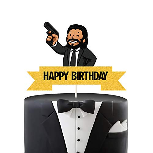 LYNHEVA Glitter Baby John Wick Happy Birthday Cake Topper John Wick Cake Topper John Wick Themed Birthday Party Decoration Supplies
