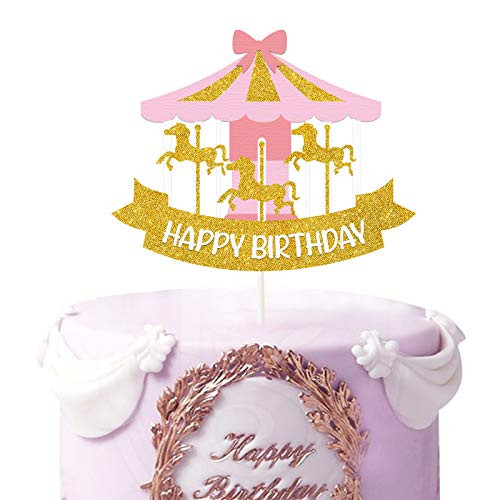 LYNHEVA Glitter Carousel Happy Birthday Cake Topper Circus Carousel Cake Topper Amusement Park Circus Theme Party Supplies Girls Little Princess Bady Party Favor