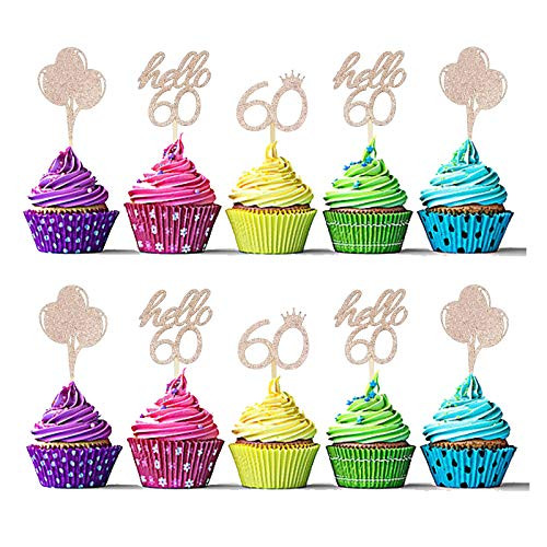 Sumerk 24 Pcs 60th Birthday Cupcake Toppers Rose Gold Glitter Hello 60 Cupcake Topper 60 Birthday Cupcake Picks Party Decoration Supplies