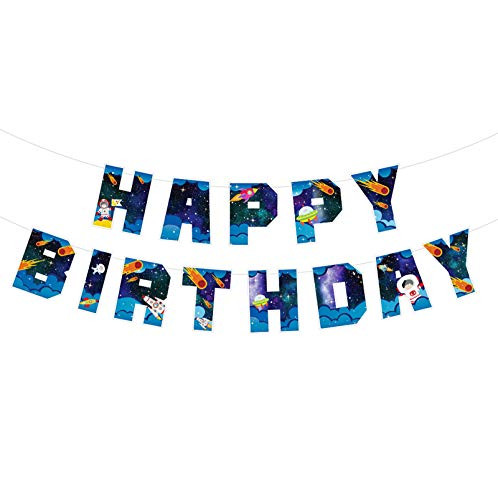 Outer Space Happy Birthday Letter Banner for Astronaut Theme Party Decorations Rocket Galaxy Solar System UFO Cartoon Background Supplies for Kids Boys