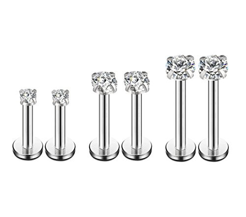 3Pairs 16G CZ Labret Cartilage Tragus Monroe Lip Nose Helix Studs Earrings Stainless Steel Piercings Jewelry Silver