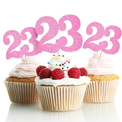 LINGPAR 23 Years Old Pink Cake Toppers Happy 23rd Birthday Cupcake Toppers Twenty-Three Birthday Party Decoration Supplies 24PCS