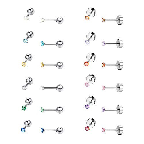 Drperfect Stainless Steel CZ Tiny Stud Earrings for Women Egirls 18G 2MM Corloful Cubic Zirconia Cartilage Helix Piercing Earring Studs Screwback Flatback Earrings Set