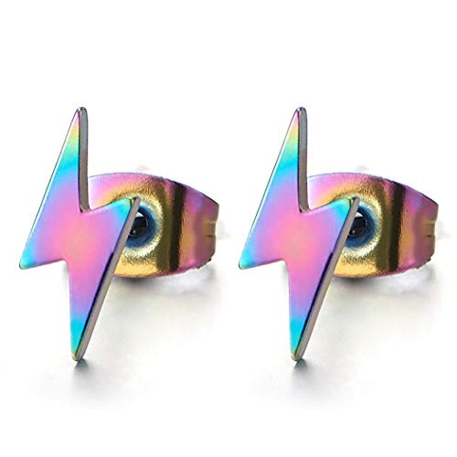 Stainless Steel Rainbow Oxidized Lightning Bolt Stud Earrings for Men and Women 1 Pair