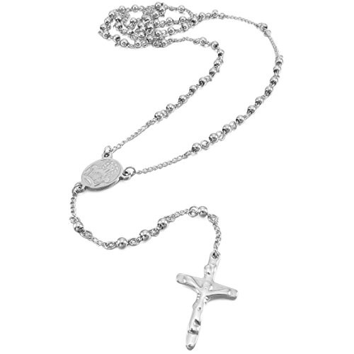 INBLUE MenWomens Stainless Steel Necklace Pendant Silver Tone Rosary Jesus Christ Crucifix Cross 23 Inch Chain