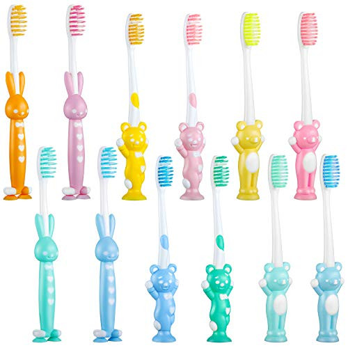 12 Pieces Kids Toothbrush Children Manual Toothbrush Set Soft Contoured Bristles for Age 3 and Above Boys and Girls Cute Colorful Toothbrush with Suction Cup for Storage