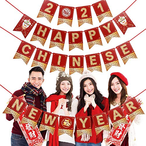 Happy Chinese New Year Party Decoration Red Chinese Party Bunting Banner Year of The OX Pennant Banner Garland for 2021 Chinese New Year Lunar Year Spring Festival Party Supplies