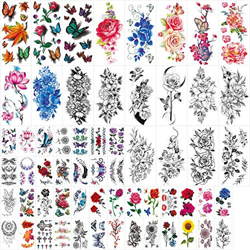 60 Sheets Temporary Tattoos for Women Black Rose Flowers and Colored 3D Butterflies Mixed Style Fake Tattoo Stickers for Girls Body Art