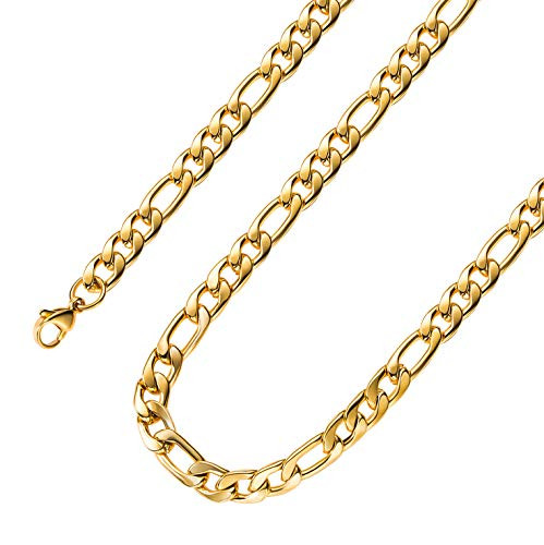7_5MM 18k Real Gold Plated Figaro Chain Necklace Stainless Steel Figaro Link Chain for Men Women 18 Inches