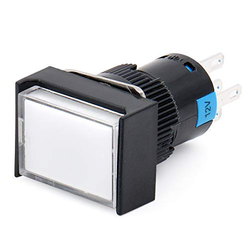 Baomain 16mm Push Button Switch Latching Rectangular Cap LED Lamp White Light DC 12V SPDT 5 Pin 5 Pack
