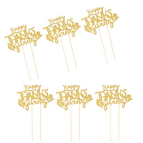 PRETYZOOM 6pcs Happy Thanksgiving Cake Topper Glitter Cake Toppers Thanksgiving Cake Decorations Cocktail Picks for Thanksgiving Fall Party Golden
