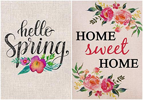 Hello Spring Flower Garden Flag Vertical Double Sided Home Sweet Home Garden Flag Vertical Double Sided Spring Summer Yard Outdoor Decorative 12 x 18 Inch 2 Pack