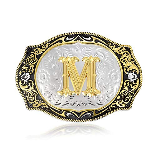 MoliD Western Belt Buckle Initial Letter ABCDE-Z Cowboy Style Rodeo Gold Metal Buckles for Mens Women Small
