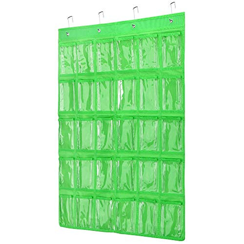 Classroom Pocket Chart Transparent Pocket Classroom Organizer Pocket Chart for Cell Phones Holder Door Hanging Calculator Organizer with 4 Metal Hooks Classroom Pocket Chart Green-30grid