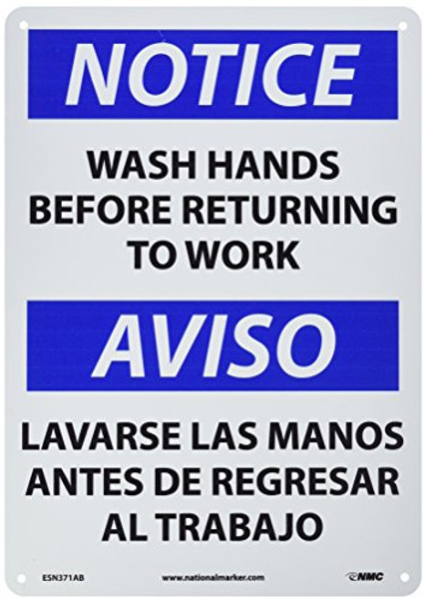 NMC ESN371AB Bilingual OSHA Sign Legend NOTICE - WASH HANDS BEFORE RETURNING TO WORK 14 Length x 10 Height 0_040 Aluminum BlackBlue on White