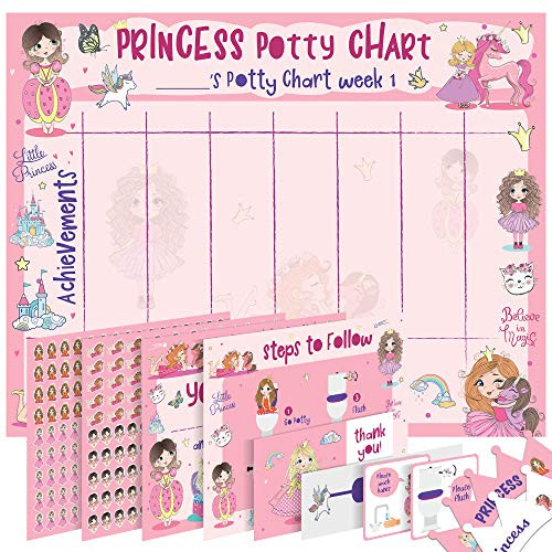 Potty Training Chart for Girls  Princess and Unicorn Design - Sticker Chart 4 Week Reward Chart Certificate Instruction Booklet and More  for Girls