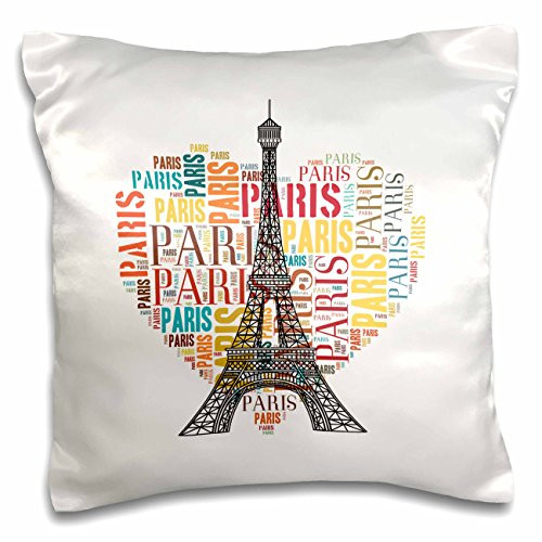 3dRose Eiffel Tower with Heart as Word Cloud Design on Pattern Background-Pillow Case, 16 by 16" (pc_217239_1)