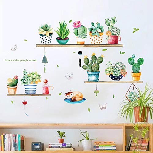 MOLANCIA Bonsai Cactus Wall Stickers Cartoon Potted Plant Wall Decals Succulent Peel and Stick Removable Wallpaper Green Plants Vinyl Self Adhesive Mural Arts for Kids Bedroom Living Room Nursery