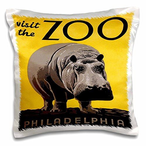 3dRose Visit The Zoo Philadelphia with Large Hippo on Yellow Background-Pillow Case, 16 by 16" (pc_171424_1)