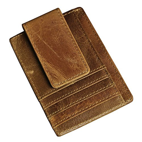 Leaokuu Genuine Leather Magnet Money Clip Credit Card Case Holder Slim Handy Wallet Light Brown 2