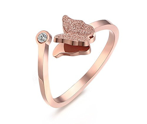 VNOX Womens Stainless Steel Cubic Zirconia Butterfly Matte Finish Adjustable Cuff Engagement Ring Rose Gold Plated