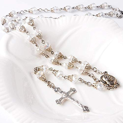 White Rosary Necklace Clear Crystal Beads Jerusalem Catholic Gift Prayer Crucifix Cross White Rosary Necklace Clear Crystal Beads Jerusalem Catholic Gift Prayer Crucifix Cross