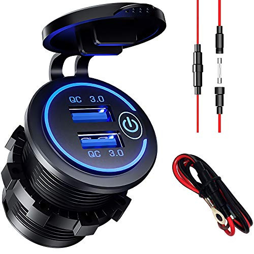 12V USB Outlet Quick Charge 3_0 Dual USB Power Outlet DIY Car Charger Socket with Touch Switch 36W 12V24V Fast Charger Waterproof Power Outlet for Truck Motorcycle Marine Boat Bus RV Golf Cart