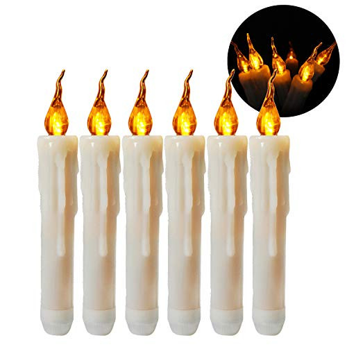 LED Taper Candles Battery Operated Flameless Candle Dipped Flickering Electric Pillar Candles for ChristmasThanksgiving Wedding Home Decor Amber Yellow Bulb Pack of 6