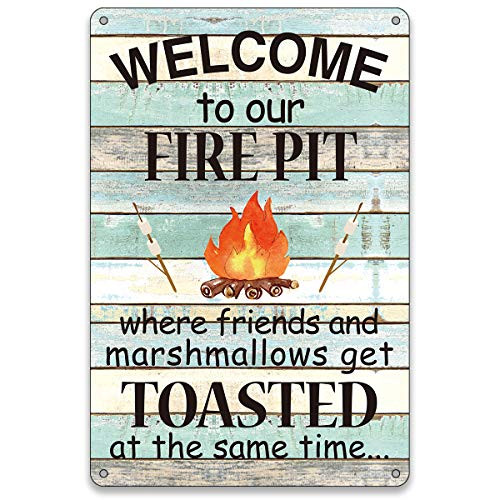BellowDeer Funny Wall Decor Vintage Welcome to Our Fire Pit Metal Sign Welcome Firepit Metal Tin Signs Retro Farmhouse Home Outdoor Camping Signs Home Wall Decor 8X12Inch