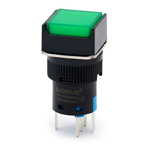 Baomain 16mm Push Button Switch Momentary Square Cap LED Lamp Green Light DC 12V SPDT 5 Pin 5 Pack