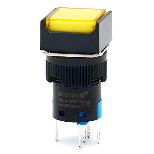 Baomain 16mm Push Button Switch Latching Square Cap LED Lamp Yellow Light DC 12V SPDT 5 Pin 5 Pack