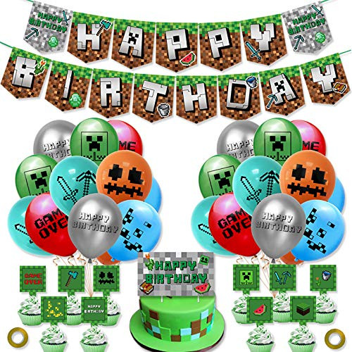 Pixel Gamer Party Decoration Miner Theme Birthday Party Supplies Set - Happy Birthday Banner Pixel Balloons Cupcake Toppers Pixel Gamer Party Decoration Miner Theme Birthday Party Supplies Set - Happy Birthday Banner Pixel Balloons Cupcake Toppers