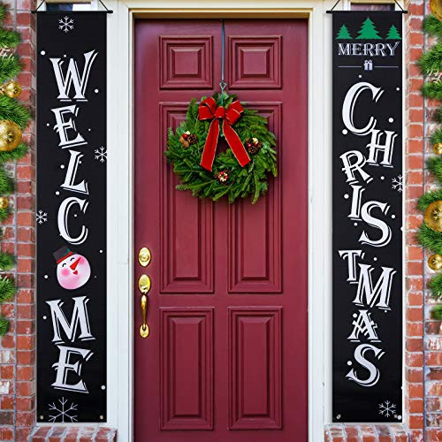 Christmas Porch Sign Banners Welcome and Merry Christmas Hanging Banners for Holiday Home Indoor Outdoor Porch Wall Christmas Decoration Black Christmas Porch Sign Banners Welcome and Merry Christmas Hanging Banners for Holiday Home Indoor Outdoor Porch Wall Christmas Decoration Black
