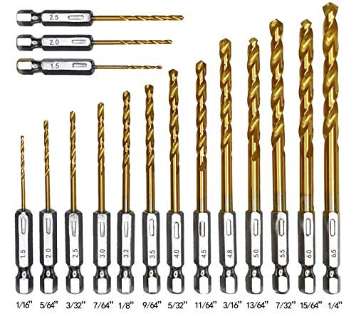 16 PCS Hex Shank Drill Bit Set Titanium Twist Drill Bit Set 4341 HSS Hex Shank High Speed Steel Drill Bits for Wood Plastic Aluminum Alloy Steel Metal Quick Change 116-14