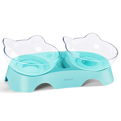 MILIFUN Elevated Double Cat Dog Bowls Pet Food Water Bowl with 15°Tilted Raised Pet Feeding Bowl for Cats and Small Dogs Blue MILIFUN Elevated Double Cat Dog Bowls Pet Food Water Bowl with 15°Tilted Raised Pet Feeding Bowl for Cats and Small Dogs Blue