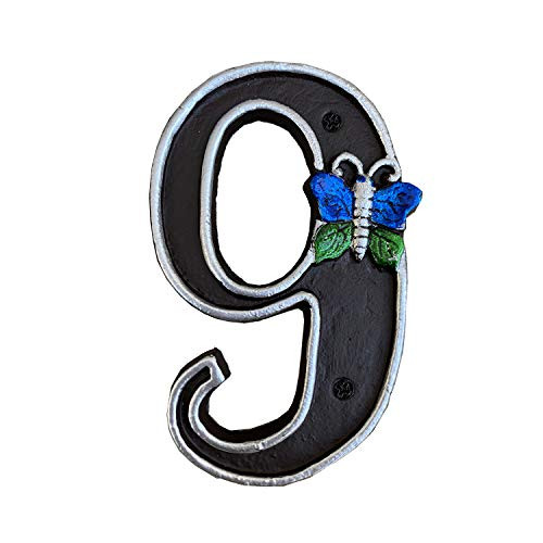 Unique Cast Iron House Numbers 5 Inch High Home Address Number or Mailbox Number Colored Butterfly Number 9