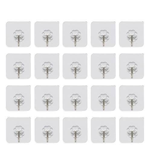 Adhesive Wall Hooks 22lbMax Reusable Seamless Hooks Waterproof and Oilproof Bathroom Kitchen Heavy Duty Clear Hooks Transparent Sticky Wall Hanger 20 Pack