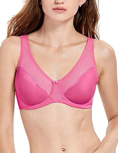 DELIMIRA Womens Full Coverage Unlined Sheer Underwire Minimizer Bra Hot Pink 42D
