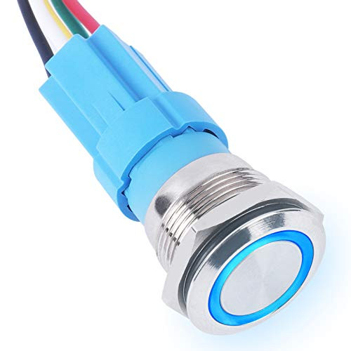 AutoEC 19mm LED Push Button Switch 5A 12V DC ONOff Blue Lights Pushbutton Latching Switch 1NO1NC SPDT Waterproof Metal Shell with Pigtail Socket for Car RV Truck Boat - Silver