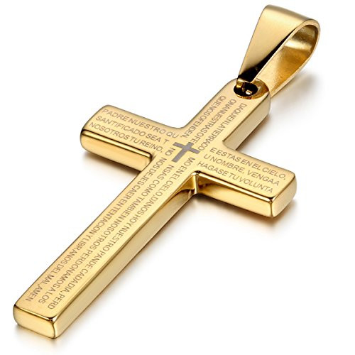 Cupimatch Mens Gold Tone Cross Necklace Stainless Steel Pendant Religious Lords Prayer Cross Pendant with 22 Chain