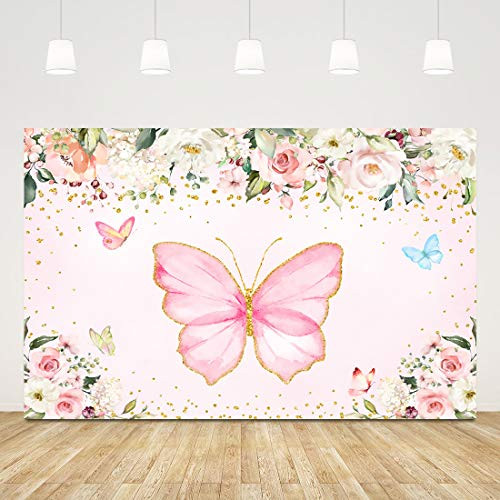 5x3ft Watercolor Pink Butterfly Baby Shower Party Photo Backdrop Girl Baby Shower Photography Backgrounds Birthday Party Cake Table Decoration Floral Fairy Princess Baby Shower Party Banner Props