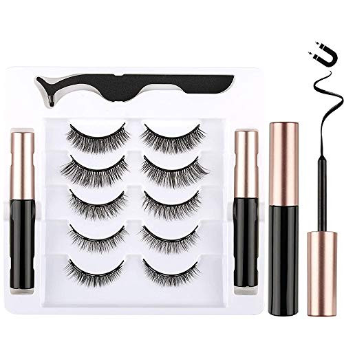 Magnetic Eyelashes with Eyeliner Kit 5 Pairs 3D Natural Look Reusable Eyelashes with Tweezers Applicator Strong Magnetic Eyeliner and Lashes Magnetic Lashes with Eyeliner Set