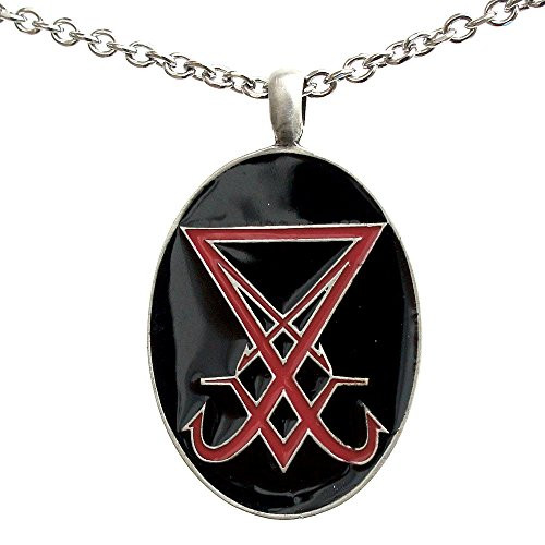 Luciferian Jewelry 2 sided engraved Sigil of Lucifer Baphomet Church of Satan Wicca Pagan Black Magic Pewter Mens Pendant Necklace Charm Protection Amulet Talisman Silver Stainless Steel Chain