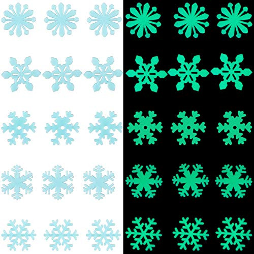 300 Pieces Glow Snowflakes Decals Snowflake Ceiling Stickers Glow in The Dark Christmas Wall Stickers for Ceiling Decals Bedroom Living Room Christmas Decor Blue