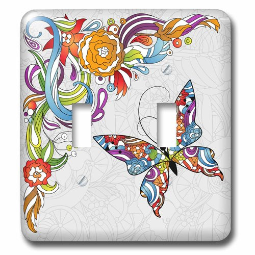 3dRose LSP_102507_2 Abstract Flower Swirl and Colorful Butterfly Vector Design Double Toggle Switch, Multicolor